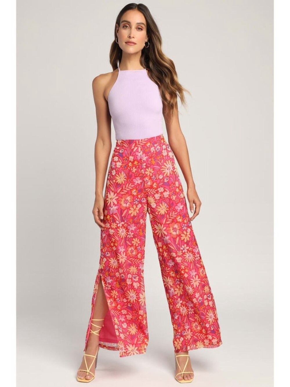 Lulu's Pink Floral Wide-Leg Split-Hem Pants